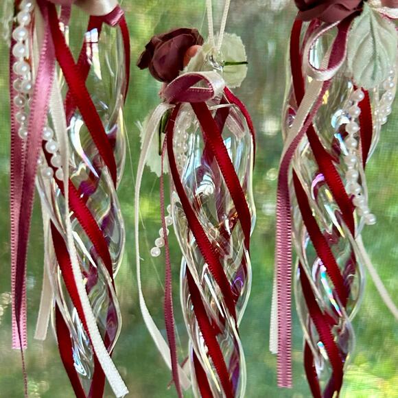 Set of 3 Vintage Glass Icicle Ornaments with Ribbons & Roses, 6” Spiral Ornament - Picture 1 of 13